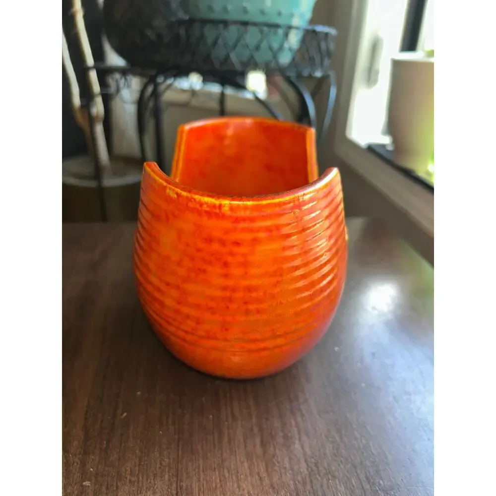 T14 Nanzan Pottery Vase Ceramic Flower Vase Ikenobo orange ribbed